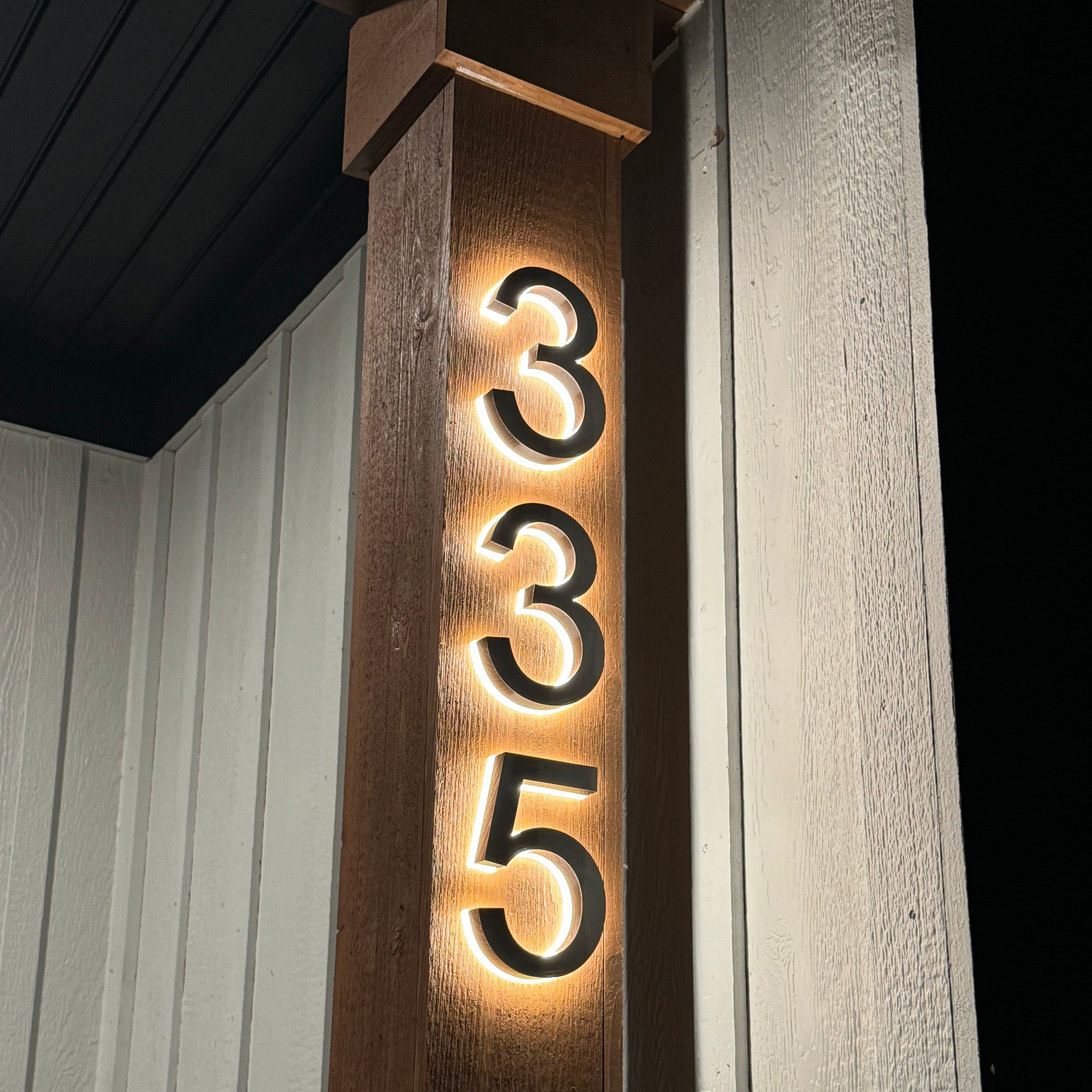 modern solar led lighted backlit house address numbers sign street numbers hardwire plug in dusk to dawn sensor timer landscaping