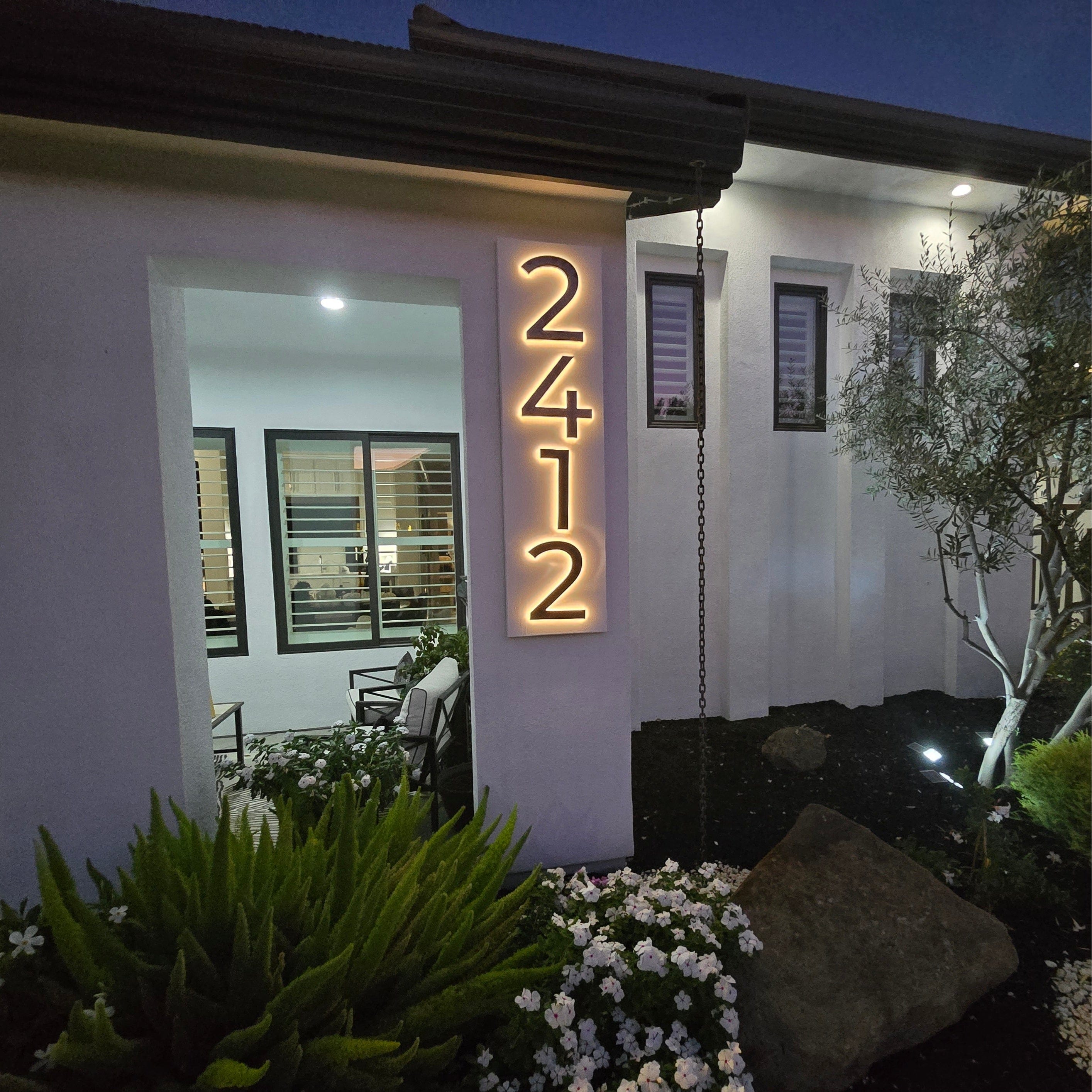 modern solar led lighted backlit house address numbers sign street numbers hardwire plug in dusk to dawn sensor timer landscaping